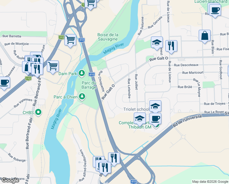map of restaurants, bars, coffee shops, grocery stores, and more near 3222 Rue Iberville in Sherbrooke