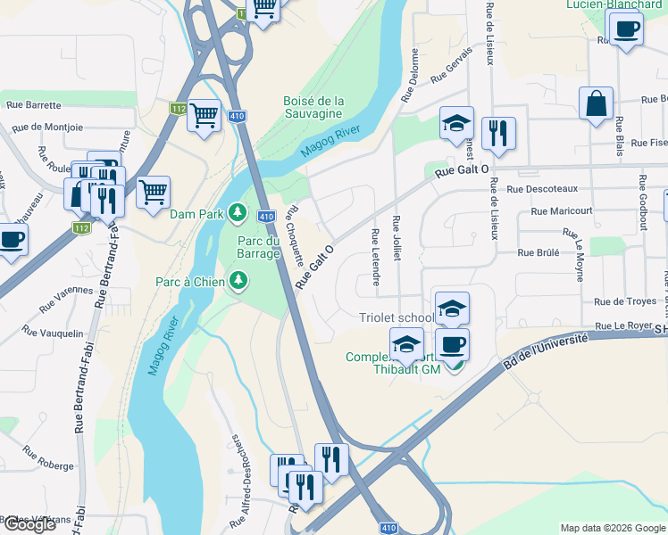 map of restaurants, bars, coffee shops, grocery stores, and more near 3222 Rue Iberville in Sherbrooke