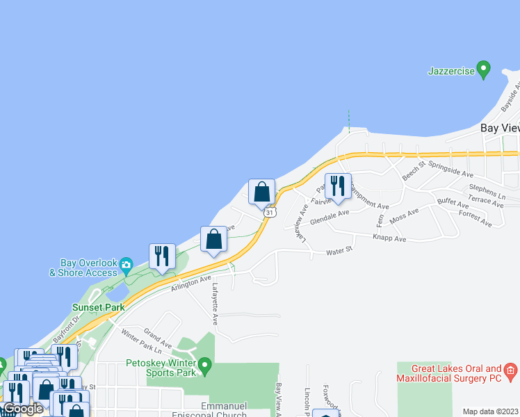 map of restaurants, bars, coffee shops, grocery stores, and more near 124 Rosedale Avenue in Petoskey