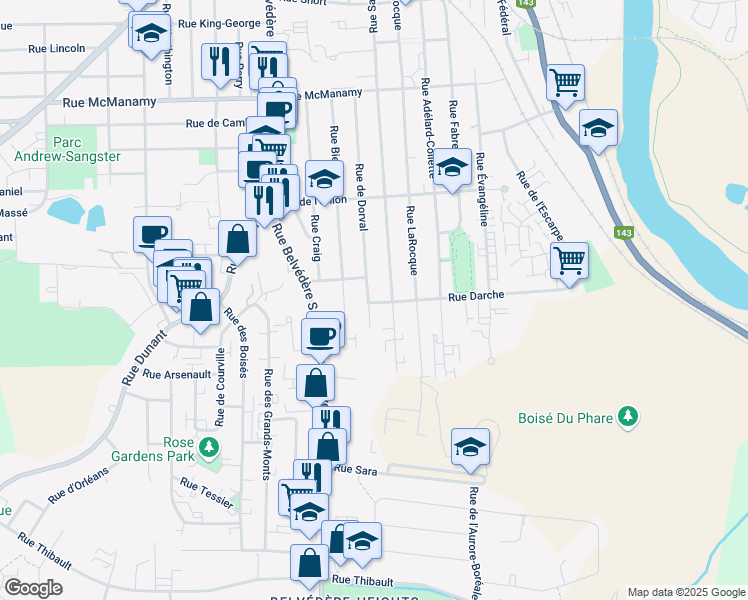 map of restaurants, bars, coffee shops, grocery stores, and more near 1492 Rue de Dorval in Sherbrooke