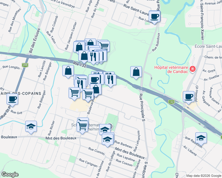map of restaurants, bars, coffee shops, grocery stores, and more near 37 Québec 132 in Delson
