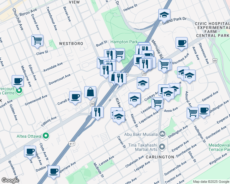 map of restaurants, bars, coffee shops, grocery stores, and more near 305 Kirkwood Avenue in Ottawa