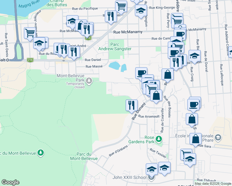 map of restaurants, bars, coffee shops, grocery stores, and more near 1125 Rue des Seigneurs in Sherbrooke