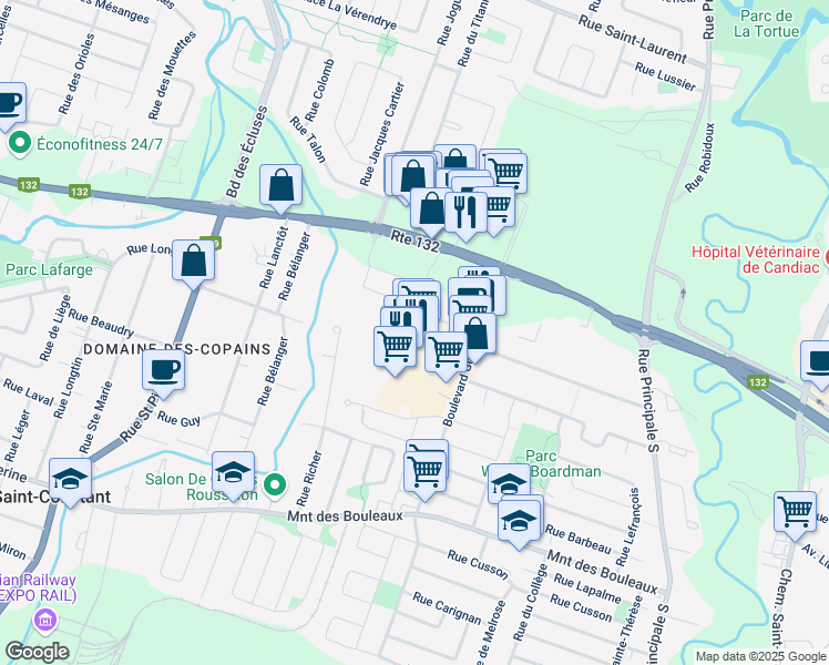 map of restaurants, bars, coffee shops, grocery stores, and more near 35 Boulevard Georges Gagné Sud in Delson