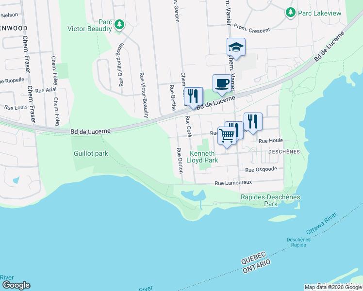 map of restaurants, bars, coffee shops, grocery stores, and more near 28 Rue Dorion in Gatineau