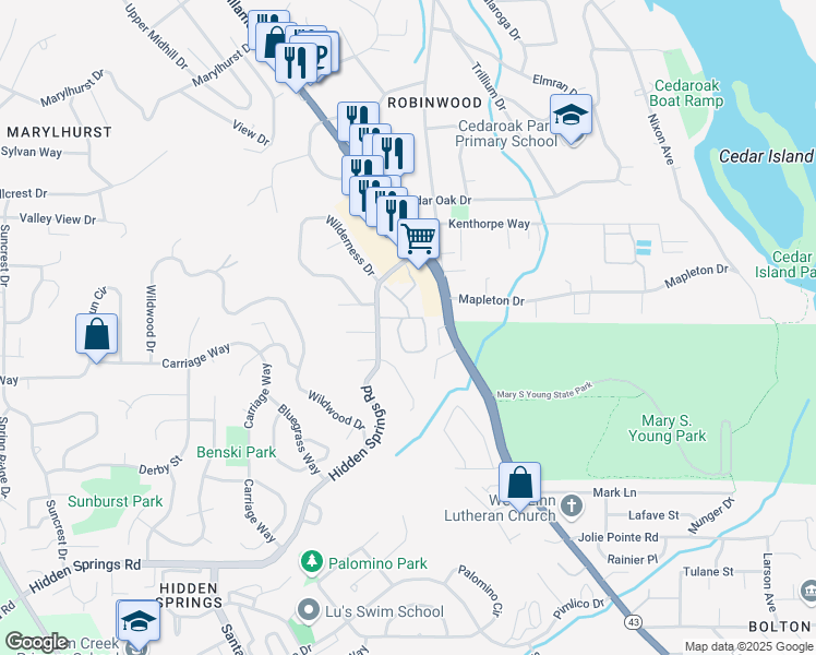 map of restaurants, bars, coffee shops, grocery stores, and more near 4010 Robin Place in West Linn