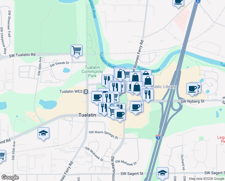 map of restaurants, bars, coffee shops, grocery stores, and more near 18622 Southwest Boones Ferry Road in Tualatin