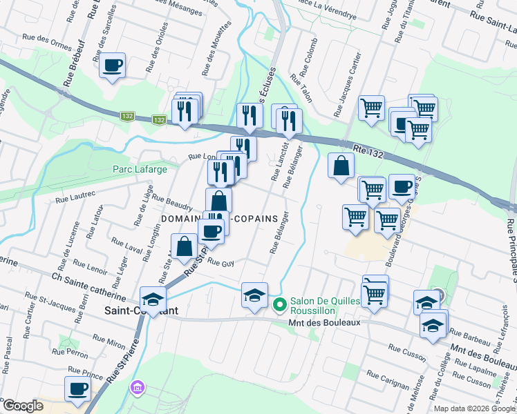map of restaurants, bars, coffee shops, grocery stores, and more near 17 Rue Lanctôt in Saint-Constant