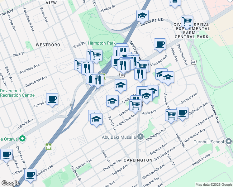 map of restaurants, bars, coffee shops, grocery stores, and more near 1313 Thames Street in Ottawa