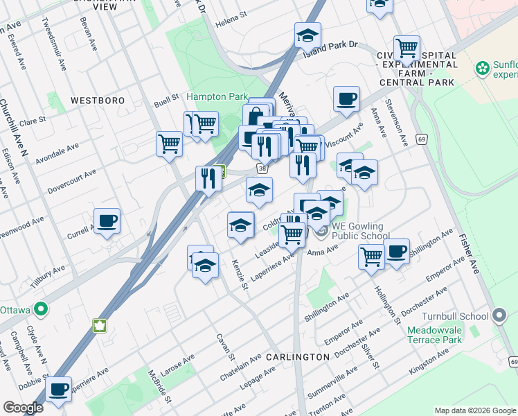map of restaurants, bars, coffee shops, grocery stores, and more near 1334 Thames Street in Ottawa
