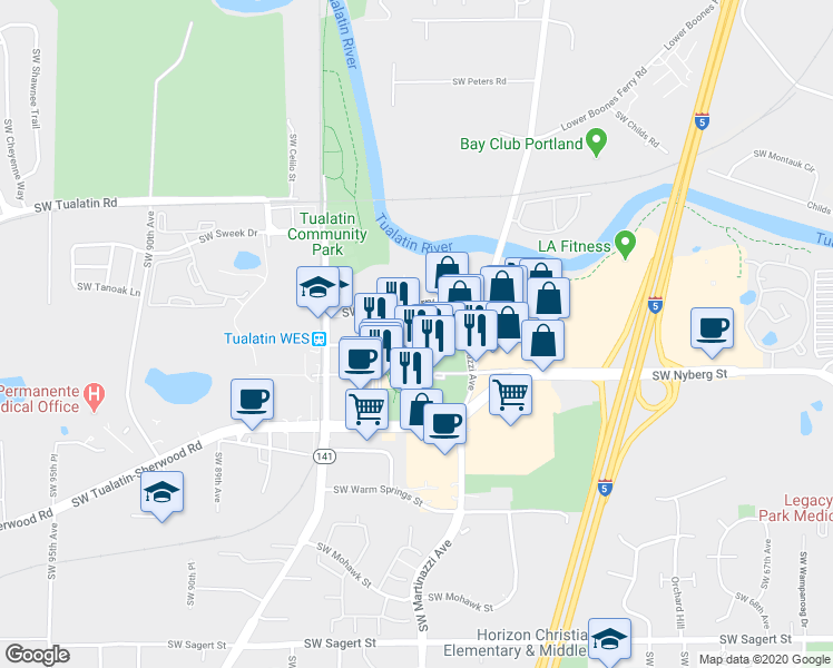 map of restaurants, bars, coffee shops, grocery stores, and more near 8145 Southwest Seneca Street in Tualatin