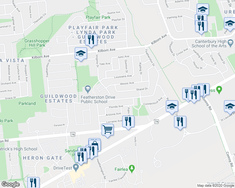 map of restaurants, bars, coffee shops, grocery stores, and more near 1862 Sharel Drive in Ottawa