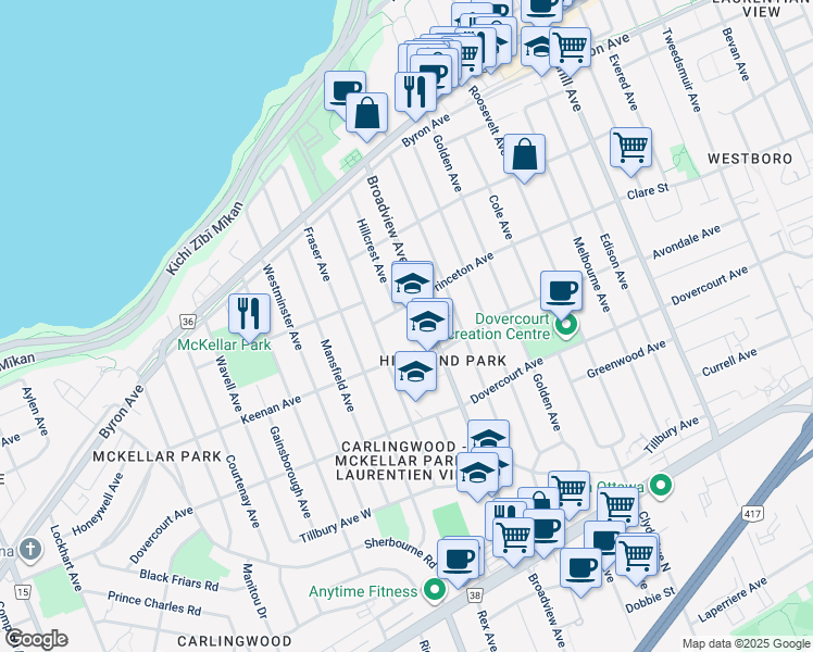 map of restaurants, bars, coffee shops, grocery stores, and more near 574 Broadview Avenue in Ottawa