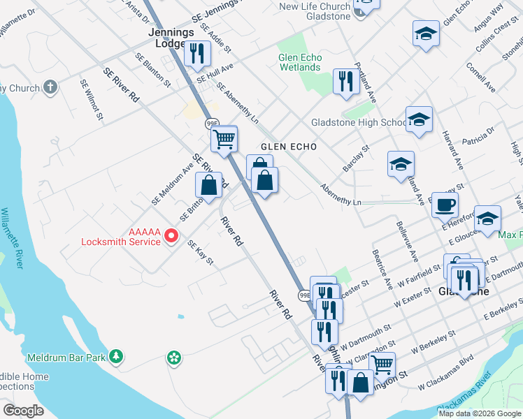 map of restaurants, bars, coffee shops, grocery stores, and more near 19230 Southeast McLoughlin Boulevard in Gladstone