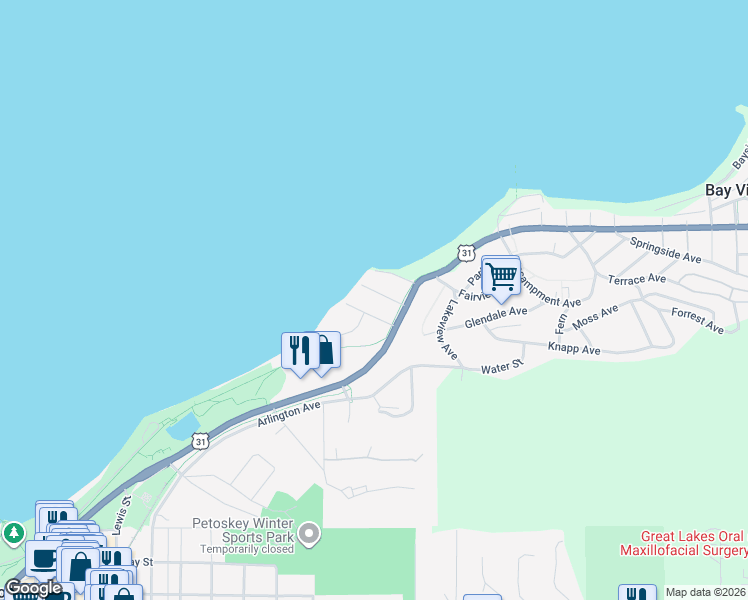 map of restaurants, bars, coffee shops, grocery stores, and more near 3-107 Rosedale Avenue in Petoskey