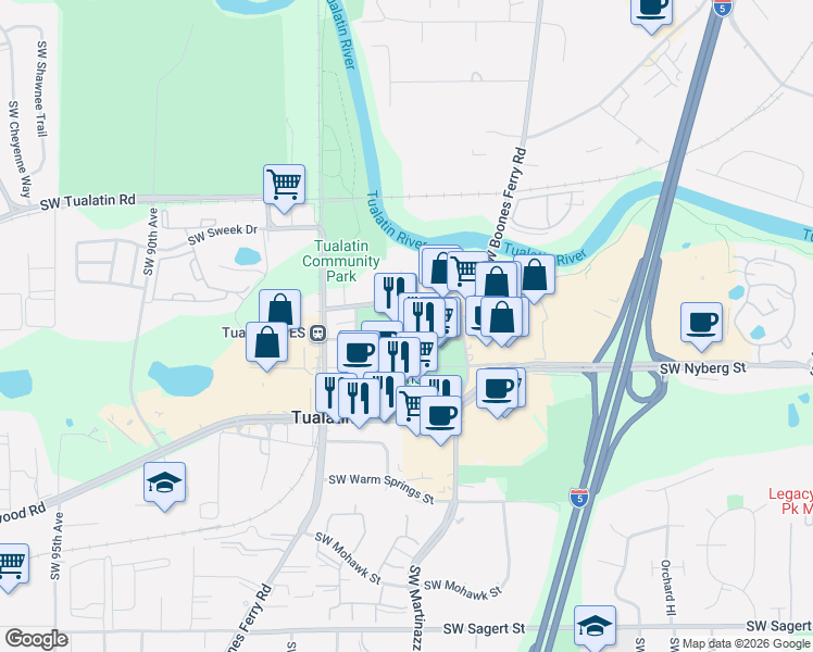 map of restaurants, bars, coffee shops, grocery stores, and more near 18760 Southwest Boones Ferry Road in Tualatin