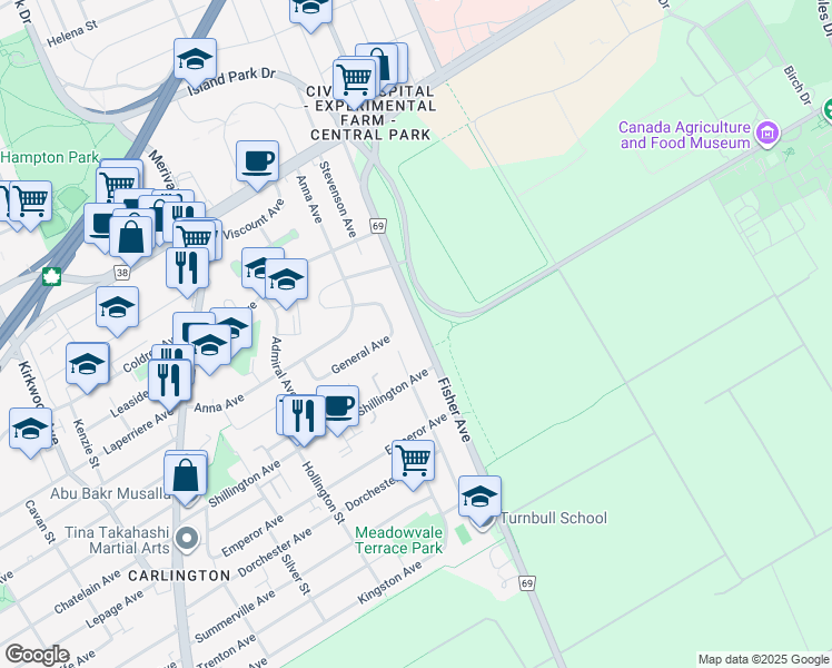 map of restaurants, bars, coffee shops, grocery stores, and more near in Ottawa