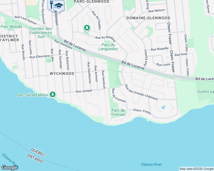 map of restaurants, bars, coffee shops, grocery stores, and more near 38 Rue Hemlock in Gatineau