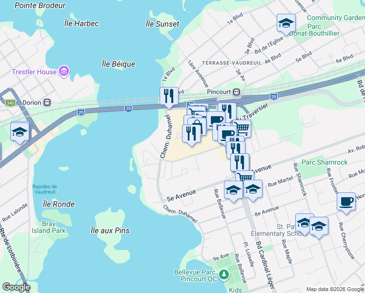 map of restaurants, bars, coffee shops, grocery stores, and more near 67 Chemin Duhamel in Pincourt