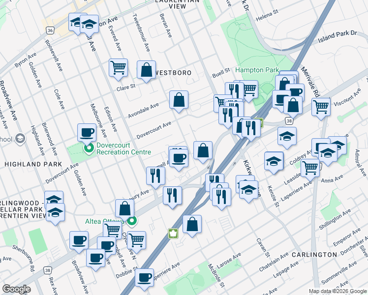 map of restaurants, bars, coffee shops, grocery stores, and more near 684 Tweedsmuir Avenue in Ottawa