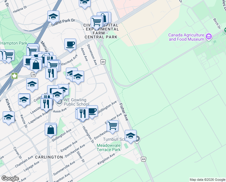 map of restaurants, bars, coffee shops, grocery stores, and more near 958 Fisher Avenue in Ottawa