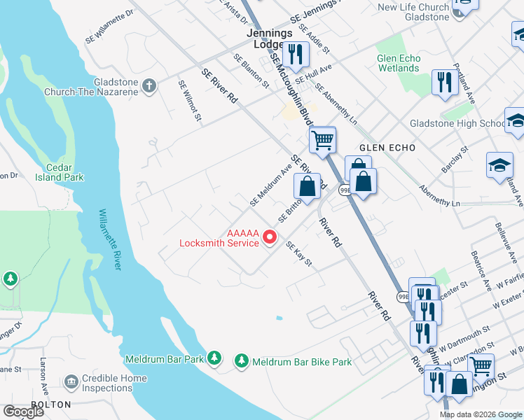 map of restaurants, bars, coffee shops, grocery stores, and more near 19306 Southeast Kay Street in Milwaukie