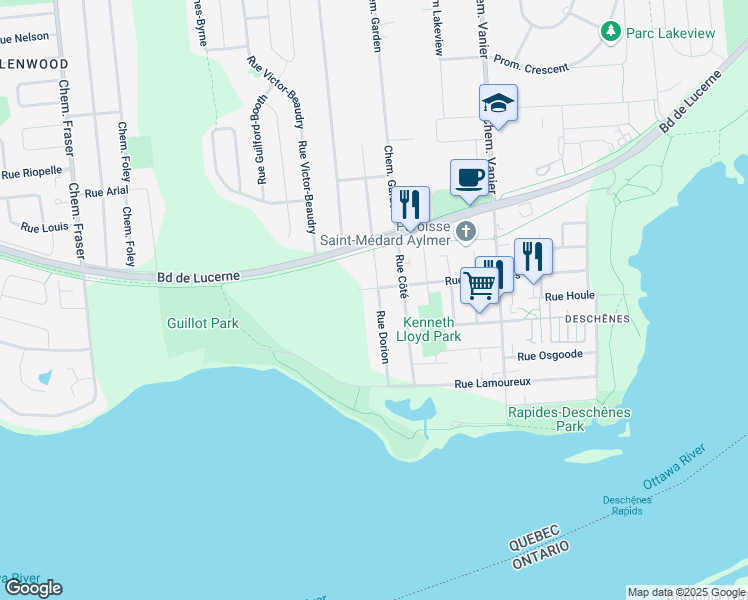 map of restaurants, bars, coffee shops, grocery stores, and more near 25 Rue Dorion in Gatineau