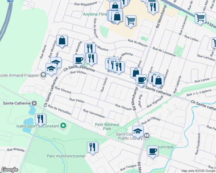 map of restaurants, bars, coffee shops, grocery stores, and more near 72 Rue Veillette in Saint-Constant
