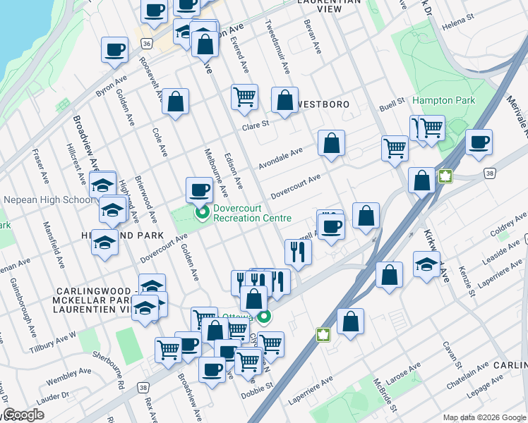 map of restaurants, bars, coffee shops, grocery stores, and more near in Ottawa