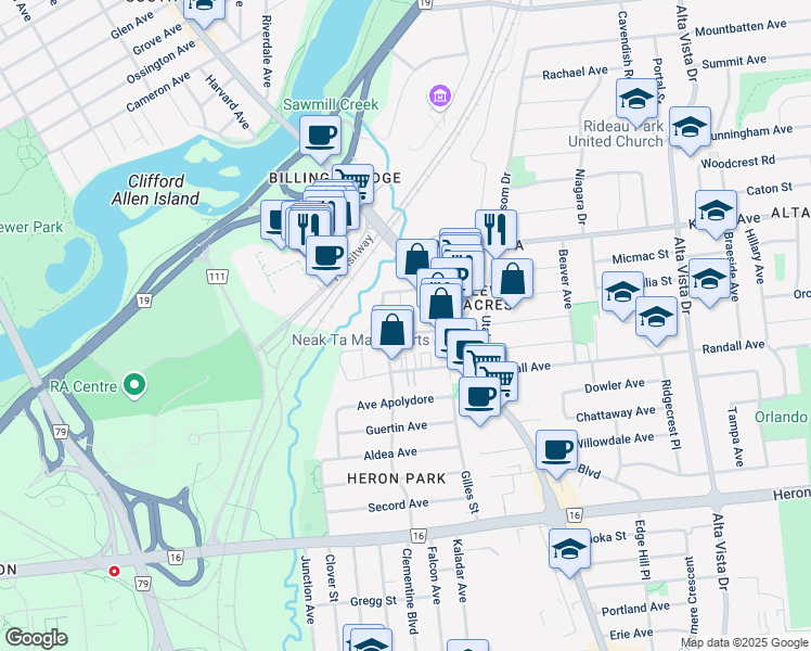 map of restaurants, bars, coffee shops, grocery stores, and more near 1161 Bélanger Avenue in Ottawa