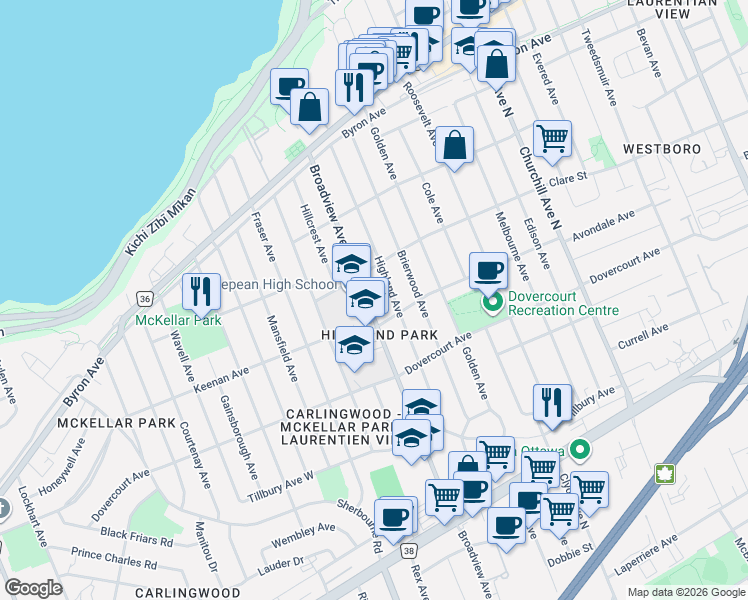 map of restaurants, bars, coffee shops, grocery stores, and more near 579 Broadview Avenue in Ottawa