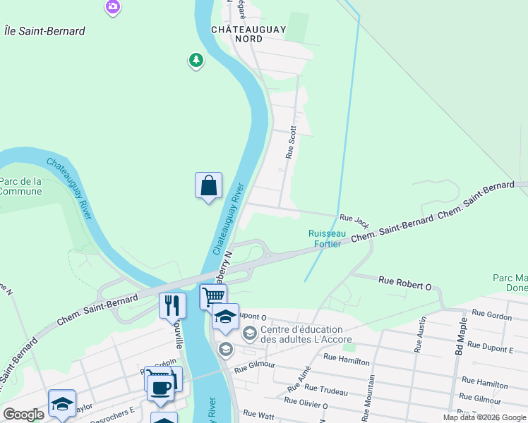 map of restaurants, bars, coffee shops, grocery stores, and more near 8 Rue Jack in Châteauguay