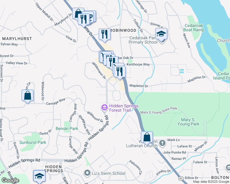 map of restaurants, bars, coffee shops, grocery stores, and more near 4010 Robin Place in West Linn