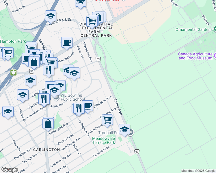 map of restaurants, bars, coffee shops, grocery stores, and more near 958 Fisher Avenue in Ottawa