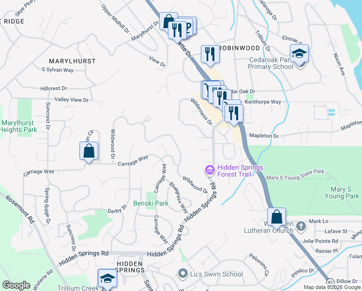 map of restaurants, bars, coffee shops, grocery stores, and more near 19760 Wildwood Drive in West Linn