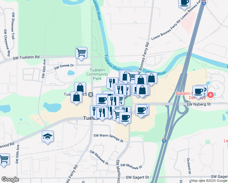 map of restaurants, bars, coffee shops, grocery stores, and more near 18656 Southwest Boones Ferry Road in Tualatin