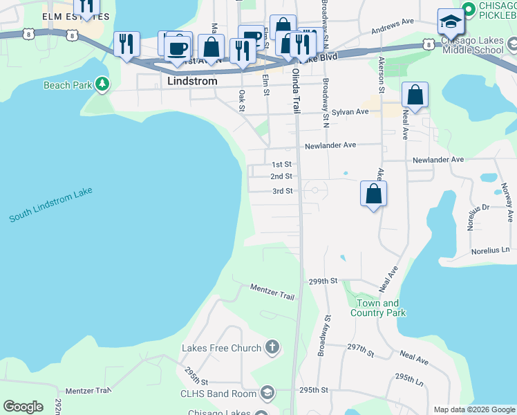 map of restaurants, bars, coffee shops, grocery stores, and more near 12940 Marine Court in Lindstrom