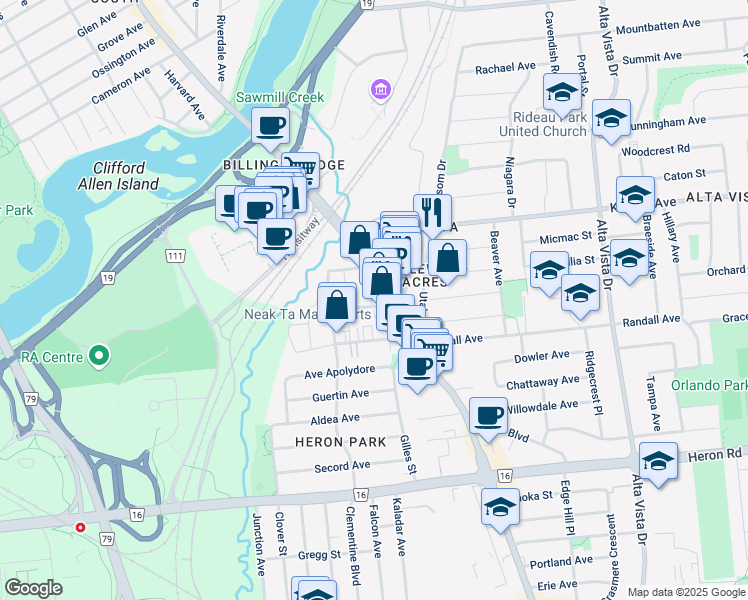 map of restaurants, bars, coffee shops, grocery stores, and more near in Ottawa