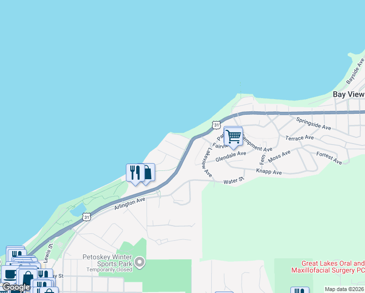 map of restaurants, bars, coffee shops, grocery stores, and more near 3 Rosedale Avenue in Petoskey