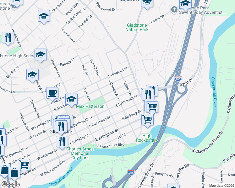 map of restaurants, bars, coffee shops, grocery stores, and more near 610 East Exeter Street in Gladstone