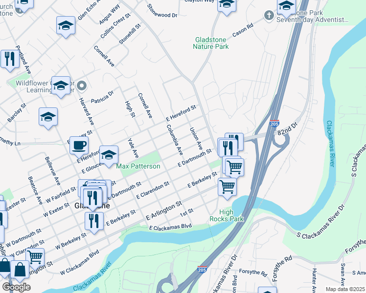 map of restaurants, bars, coffee shops, grocery stores, and more near 650 East Exeter Street in Gladstone