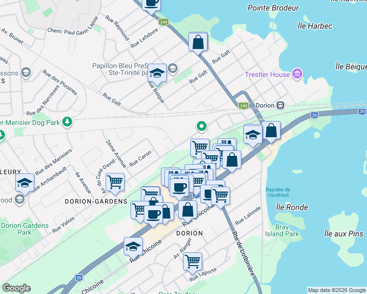 map of restaurants, bars, coffee shops, grocery stores, and more near 264 Rue Valois in Vaudreuil-Dorion