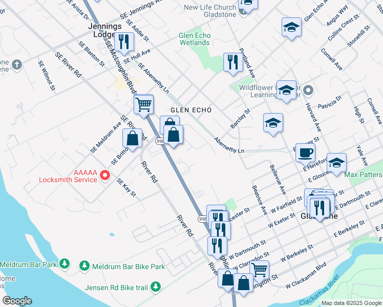 map of restaurants, bars, coffee shops, grocery stores, and more near 525 Welter Cir in Gladstone