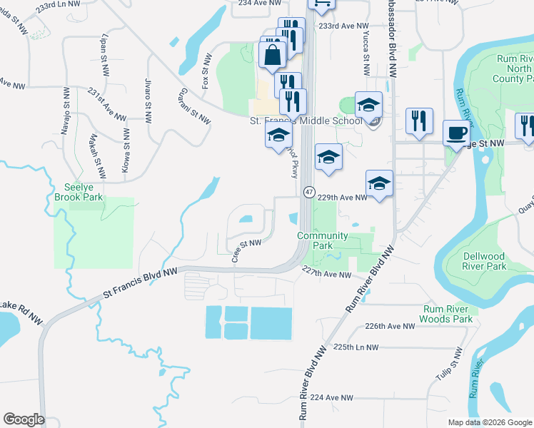 map of restaurants, bars, coffee shops, grocery stores, and more near 22864 Dakotah Street Northwest in Saint Francis