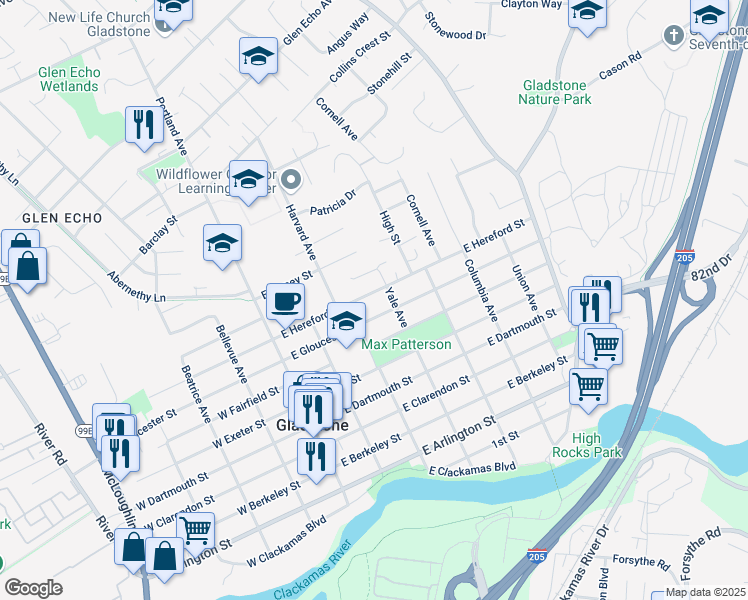 map of restaurants, bars, coffee shops, grocery stores, and more near 345 East Hereford Street in Gladstone
