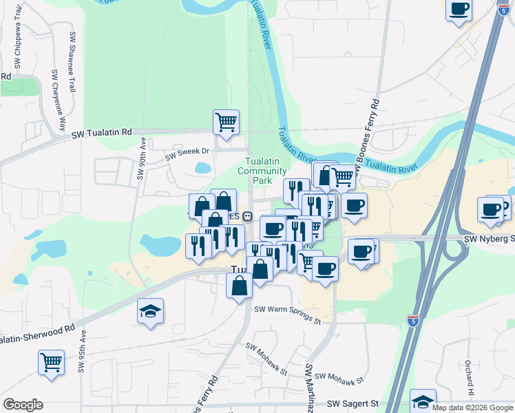 map of restaurants, bars, coffee shops, grocery stores, and more near 18810 Southwest Boones Ferry Road in Tualatin