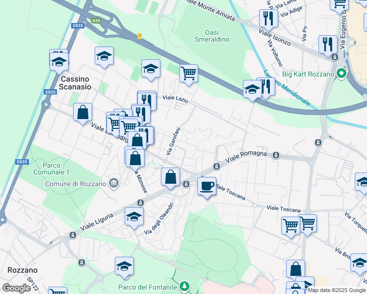 map of restaurants, bars, coffee shops, grocery stores, and more near 9 Via Begonie in Rozzano