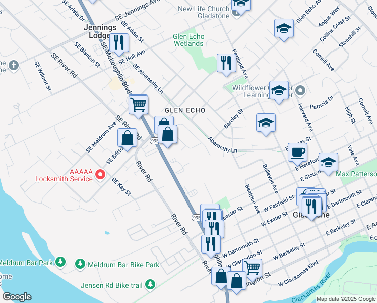 map of restaurants, bars, coffee shops, grocery stores, and more near 525 Welter Circle in Gladstone