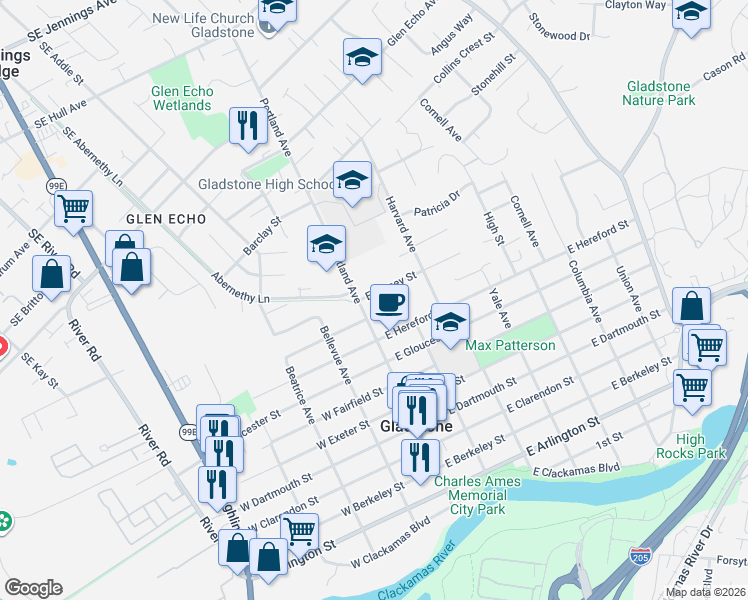 map of restaurants, bars, coffee shops, grocery stores, and more near 115 East Jersey Street in Gladstone