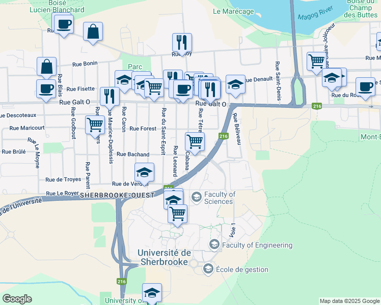 map of restaurants, bars, coffee shops, grocery stores, and more near 1490 Rue Cabana in Sherbrooke